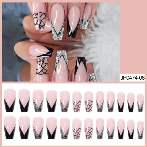 Unghie Finte Bara Lunghe Rosa Nero French Tip Glitter Argento Motivo Griglia Unghie Artificiali Manicure Donna