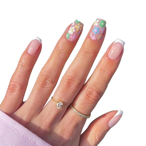 French Tip Press On Nails Pink White With Colorful Flower Patterns Square Round Artificial Fake Nails