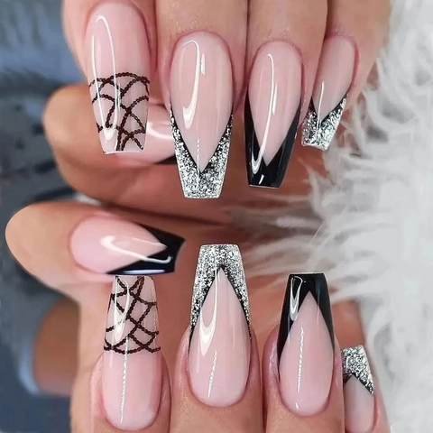 Unghie Finte Bara Lunghe Rosa Nero French Tip Glitter Argento Motivo Griglia Unghie Artificiali Manicure Donna