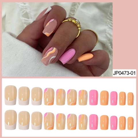 Unghie Finte Press On Stile Francese Linee Ondulate Blocco Di Colore Rosa Arancione Bianco Quadrato Arrotondato