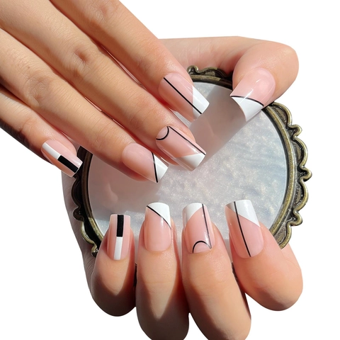Unghie Finte Press On French Corte Quadrate Linee Geometriche Nude Rosa Bianco Nero Kit Unghie Artificiali Per Donne