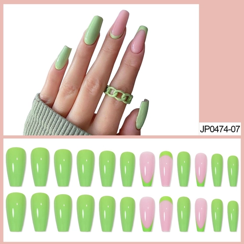 Unghie Finte Press On Lunghe Bara Verde Matcha Lucido French Tip Nail Art Per Donne Manicure Quotidiana