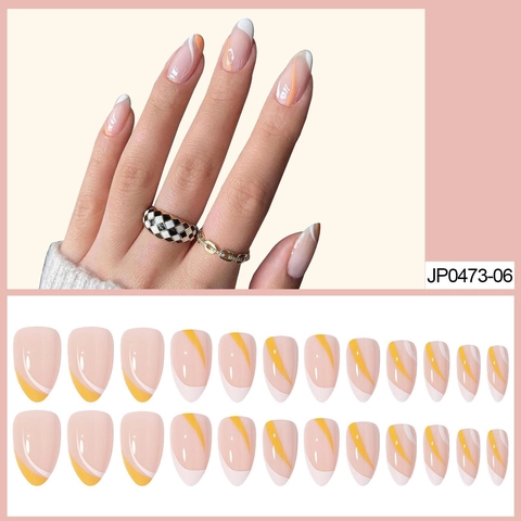 Unghie Finte Mandorla A Pressione Francese Onde Bianco Arancio Manicure Copertura Totale Per Donne Con Colla E Lima
