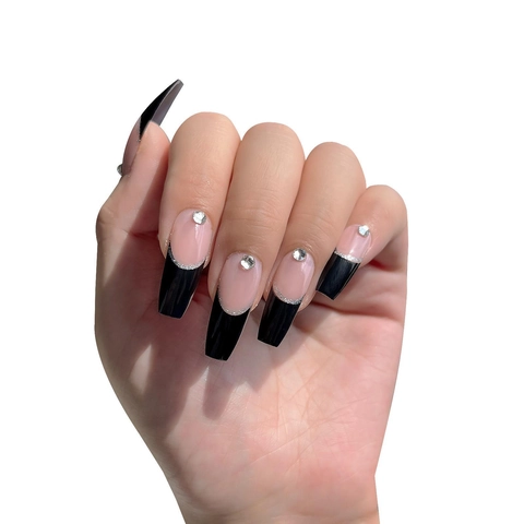 Lange Coffin Press On Nagels French Zwarte Punten Zilveren Glitter Lijn Strass Elegante Kunstnagels Voor Vrouwen