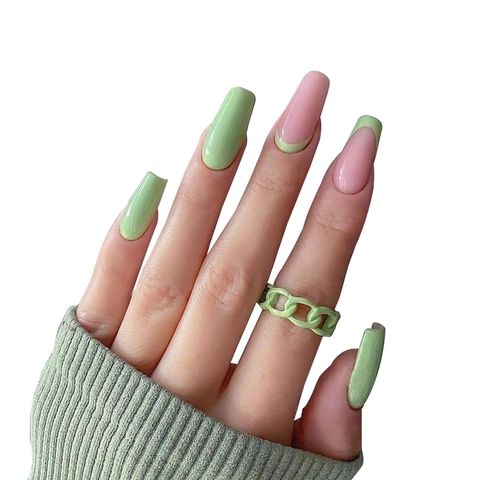 Unghie Finte Press On Lunghe Bara Verde Matcha Lucido French Tip Nail Art Per Donne Manicure Quotidiana
