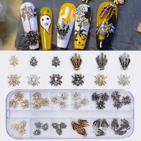 Halloween Nail Art Charms Alloy Rhinestone Spider Skull Skeleton DIY Metal Decorations For Manicure