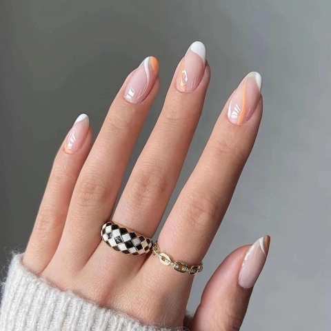 Unghie Finte Mandorla A Pressione Francese Onde Bianco Arancio Manicure Copertura Totale Per Donne Con Colla E Lima