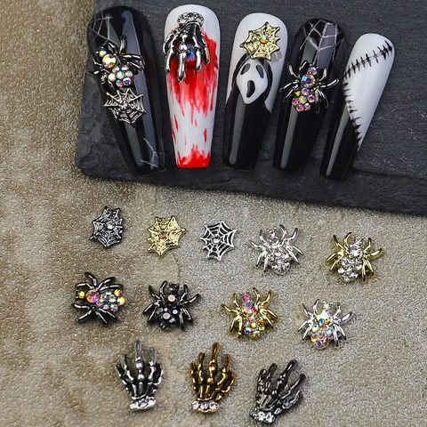 Halloween Nail Art Charms Alloy Rhinestone Spider Skull Skeleton DIY Metal Decorations For Manicure