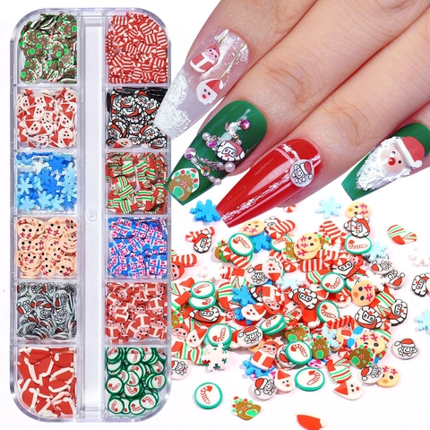 Weihnachts Nagelkunst Polymer Ton Scheiben Fimo Flocken Weihnachtsmann Schneemann Zuckerstange Designs Urlaub DIY Dekoration