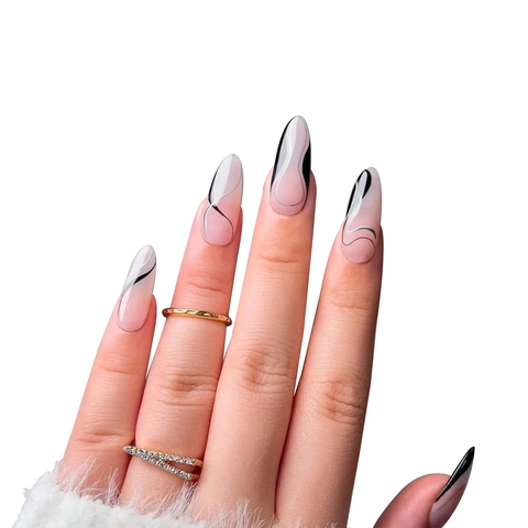 Unghie Finte Press On Mandorla Lunga Rosa Nude Linee Nero Argento Impermeabile Manicure Per Donne