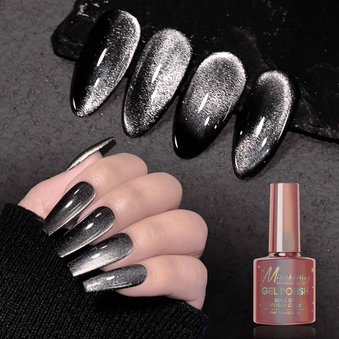 Black Cat Eye Nail Gel Polish Magnetic Silver Sparkle Crystal Dark Shiny UV LED Soak Off Professional Manicure