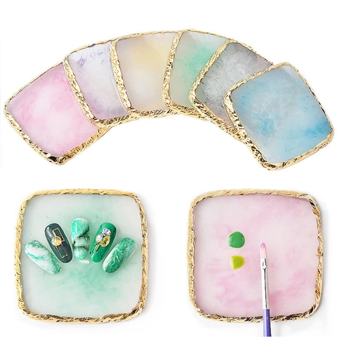 Vierkante Nagelkunst Palet Hars Agaat Marmer Textuur Gouden Rand Kleurmengplaat Manicure Display Board Tool