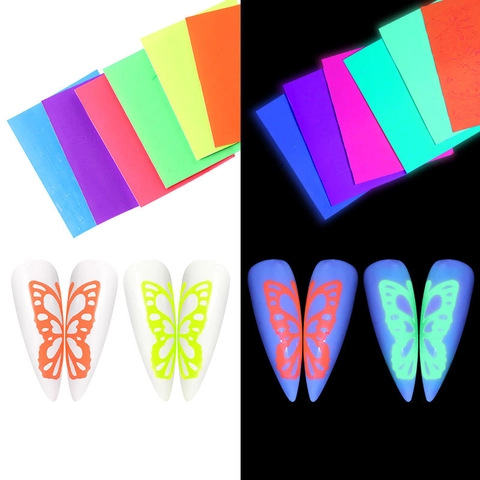 Nail Art Stickers Butterfly Pattern Laser Holographic Fluorescent Luminous Glow In The Dark Self Adhesive Ultra Thin Decals