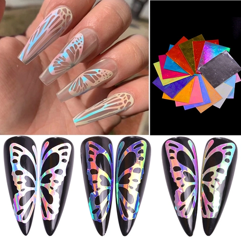 Nail Art Stickers Butterfly Pattern Laser Holographic Fluorescent Luminous Glow In The Dark Self Adhesive Ultra Thin Decals
