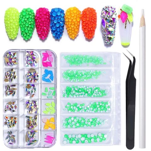 Set De Diamantes De Imitación Para Uñas Piedras De Vidrio Planas Multiforma Color AB Decoración Manicura DIY