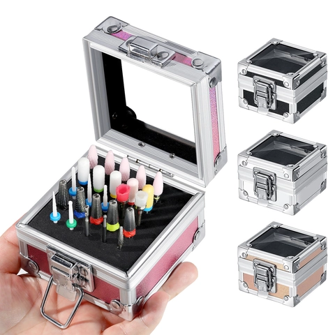 Nail Drill Bit Storage Box Aluminum Alloy Portable Manicure Tool Organizer Case With Transparent Lid