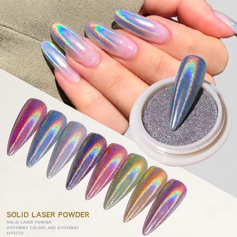 Polvo Holográfico Sólido Para Uñas Láser Efecto Espejo Pigmento Cromo Arcoíris Metálico Decoración Manicura DIY