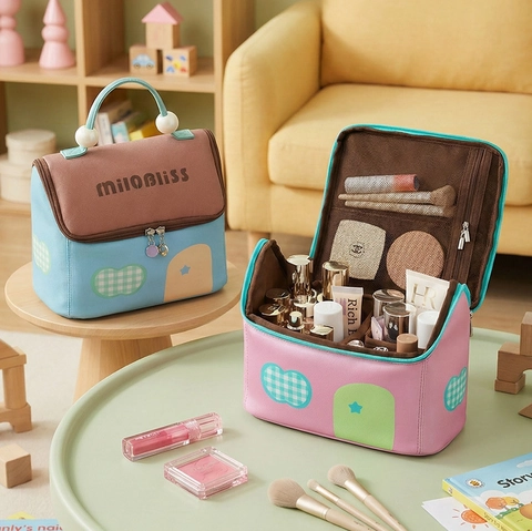 House Shaped Makeup Bag PU Leather Travel Cosmetic Organizer Large Capacity Partitioned Storage With Artificial Pearl Handle Cute