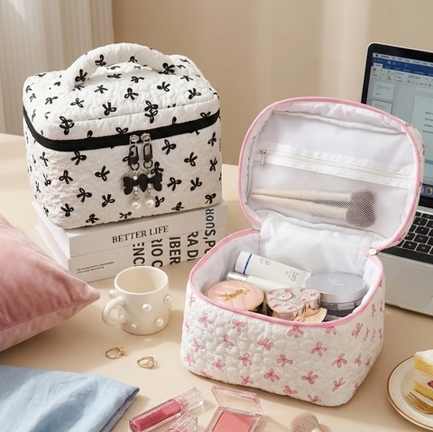 Quilted Bowknot Cosmetic Bag Portable Makeup Organizer Toiletry Travel Pouch With Artificial Pearl Charm For Women
