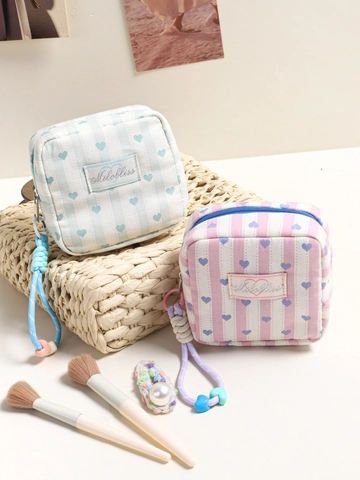 Mini Cosmetic Bag Quilted Heart Striped Travel Makeup Organizer Pouch With Braided Lanyard Portable Storage For Women