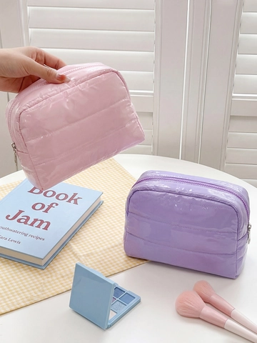 Neceser De Maquillaje Acolchado Puffer PU Brillante Impermeable Bolsa De Cosméticos Portátil Estuche De Viaje Color Sólido Chic