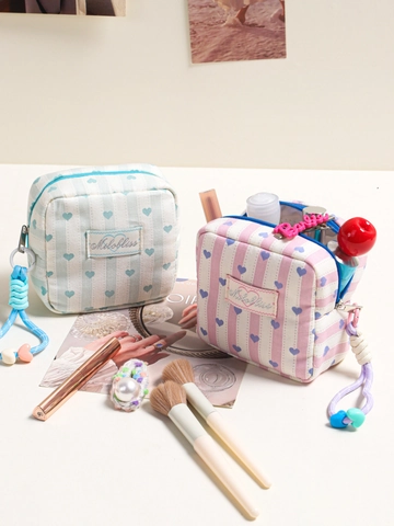 Mini Cosmetic Bag Quilted Heart Striped Travel Makeup Organizer Pouch With Braided Lanyard Portable Storage For Women
