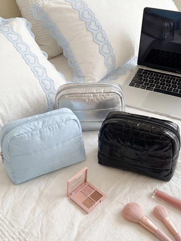 Neceser De Maquillaje Acolchado Puffer PU Brillante Impermeable Bolsa De Cosméticos Portátil Estuche De Viaje Color Sólido Chic