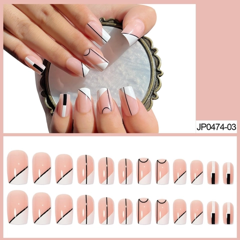 French Press On Nails Kurz Eckig Geometrische Linien Nude Rosa Weiß Schwarz Künstliche Fingernägel Kit Für Frauen