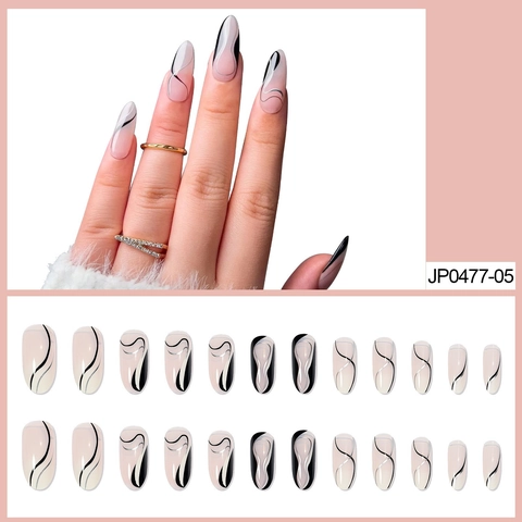Press On Nails Long Almond False Nail Tips Nude Pink Black Silver Streamer Lines Waterproof Removable Manicure For Women