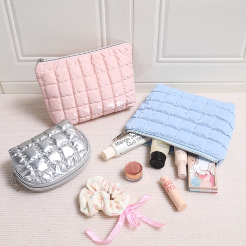 Quilted Makeup Bag And Transparent Toiletry Pouch Shiny Polyester Waterproof Travel Organizer Women Storage