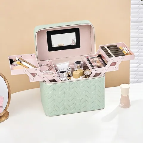 Quilted PU Leather Makeup Box Case Multi-Tier Expansion Trays Built-In Mirror Portable Travel Waterproof Cosmetic Organizer