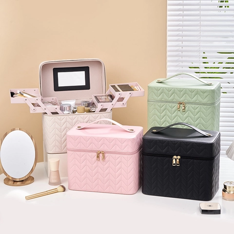 Quilted PU Leather Makeup Box Case Multi-Tier Expansion Trays Built-In Mirror Portable Travel Waterproof Cosmetic Organizer