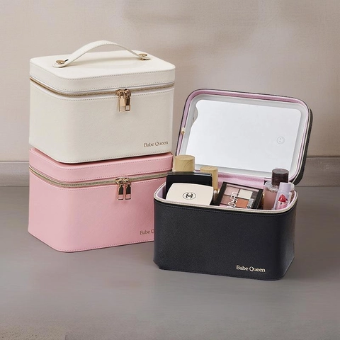 Portable Makeup Case With LED Light Mirror PU Leather Waterproof Large Capacity Travel Cosmetic Bag Handle Storage Box