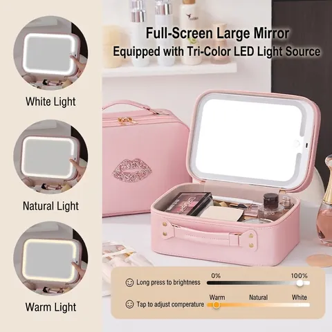 Portable PU Leather Cosmetic Case With LED Mirror Large Capacity Travel Makeup Bag Rhinestone Lip Decor Organizer