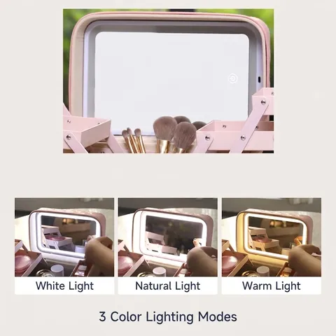 Makeup Train Case With LED Lighted Mirror Quilted PU Leather Large Capacity Portable Travel Organizer Cosmetic Box Handle