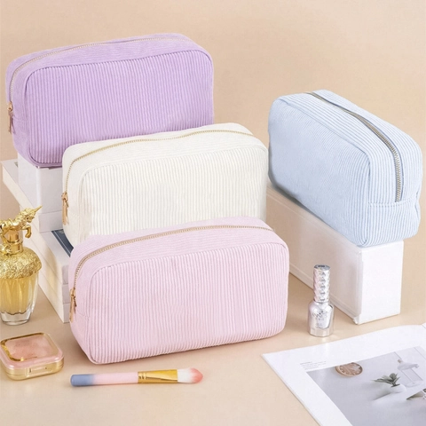 Borsa Trucco In Velluto A Coste Grande Capacità Portatile Righe Macaron Beauty Case Da Viaggio Organizer Cosmetici