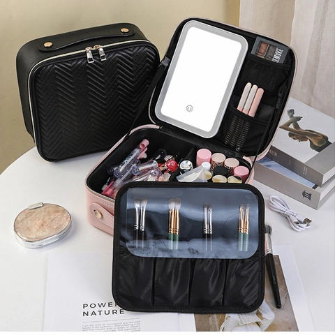 Makeup Bag With LED Light Mirror Detachable Portable Large Capacity PU Leather Quilted Travel Professional Cosmetic Case