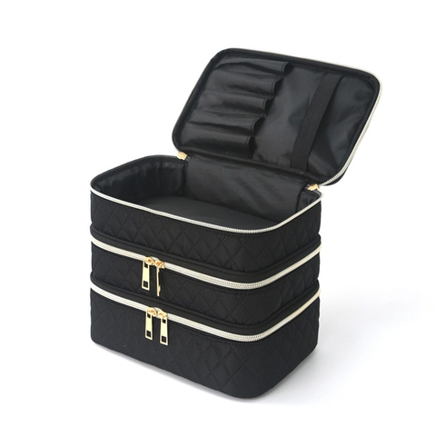 Multi Layer Polyester Makeup Bag Quilted Rhombus Pattern Large Capacity Travel Toiletry Case Portable Zipper Organizer