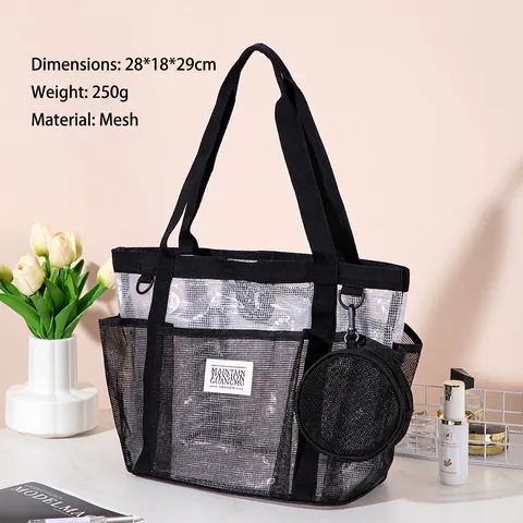 Mesh Beach Bag Tote Color Contrast Breathable Storage Pouch For Swimming Gym Travel Shower Multi Compartment Women