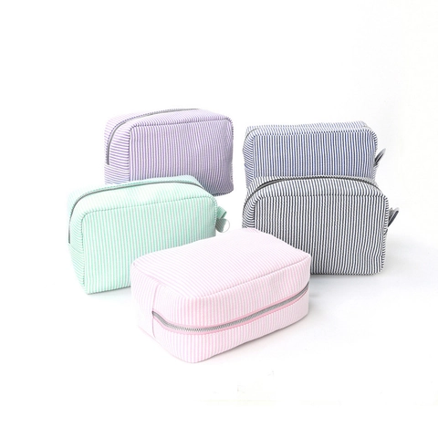 Borsa Per Cosmetici In Seersucker A Righe Grande Capacità Beauty Case Da Viaggio Organizer Per Trucco Portatile Con Cerniera
