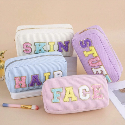 Corduroy Kosmetiktasche Mit Chenille Buchstaben Große Kapazität Tragbare Make Up Aufbewahrungstasche Reißverschluss Für Damen