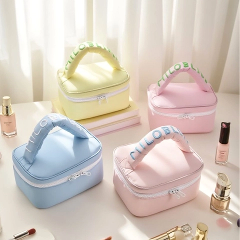 Borsa Per Trucco In Nylon Trapuntato Organizzatore Cosmetico Portatile Grande Capacità Borsa Da Toilette Viaggio Imbottita Doppia Cerniera