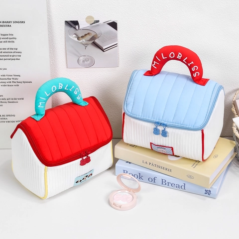 Borsa Da Trucco Trapuntata Forma Di Casa Organizzatore Cosmetici Portatile Con Manico Ricamo Astuccio Da Viaggio Per Donna
