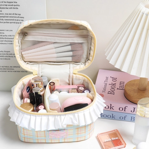 Borsa Per Cosmetici A Quadretti Stile Giapponese Grande Capacità Con Volant Manico Da Viaggio Organizzatore Sweet Dream