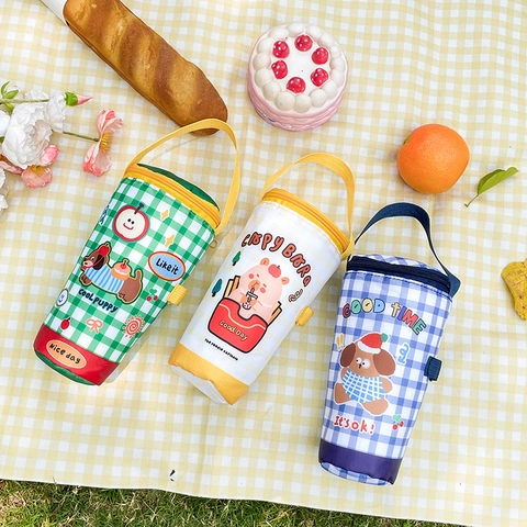 Insulated Cup Carrier Bag Portable Oxford Cloth Cartoon Capybara Panda Print Milk Tea Coffee Holder Handle Zipper