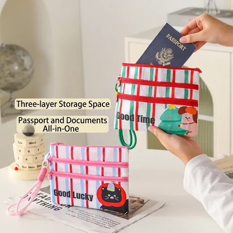 Cartoon Animal Passport Holder Travel Document Bag Polyester Triple Zipper Stripe Pattern Portable ID Card Pouch Handheld Organizer