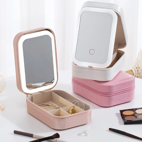 Portable Makeup Bag With LED Light Mirror PU Leather Jewelry Organizer Travel Cosmetic Box Multi Compartment For Women