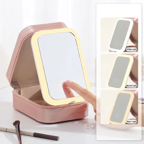 Portable Makeup Bag With LED Light Mirror PU Leather Jewelry Organizer Travel Cosmetic Box Multi Compartment For Women