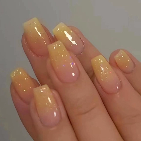 Press On Nails Gradient Yellow Pink Glitter Coffin Shape Ballerina Style Glossy Jelly Texture Manicure For Women
