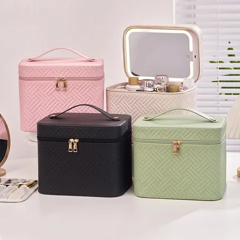 Portable Makeup Case With LED Light Mirror Woven PU Leather Large Capacity Travel Cosmetic Bag Professional Organizer